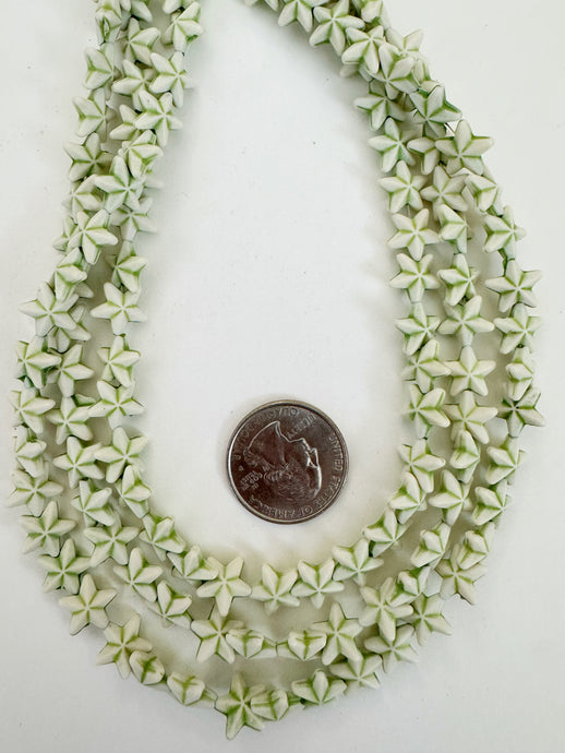 matte celery green white, star motif,  carved design, vintage look acrylic, 10x10x3mm carved star, 15