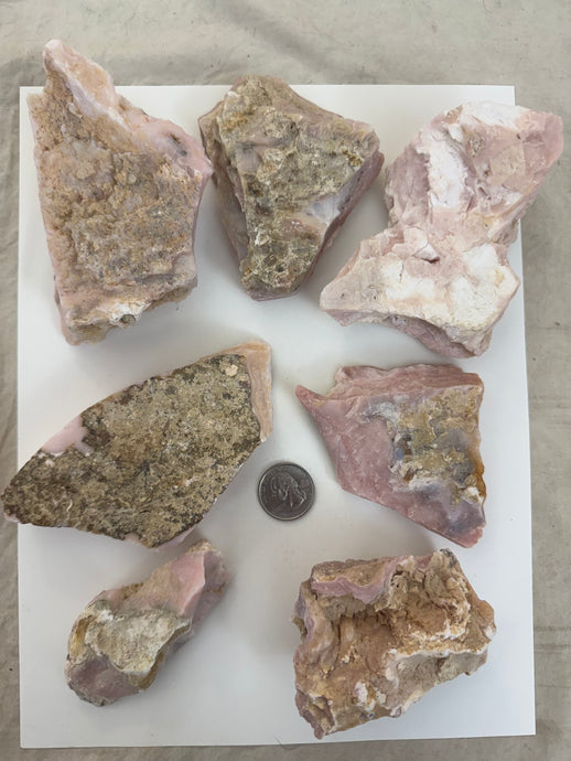raw and unfinished natural pink opal, 2.24 pound 7 piece lot, for lapidary or mineral sample display use, no holes