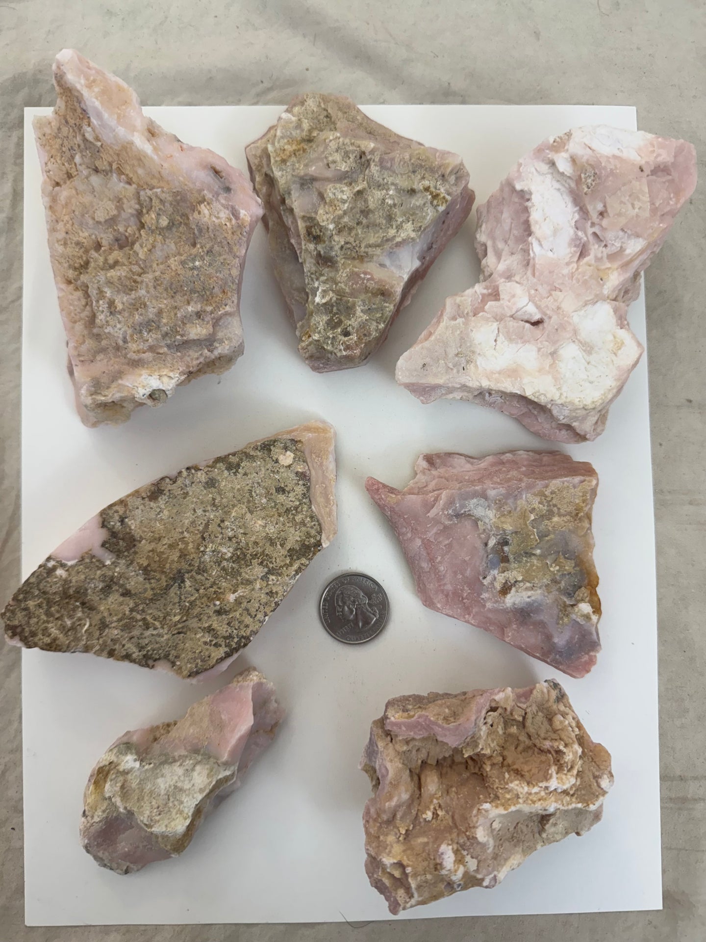 raw and unfinished natural pink opal, 2.24 pound 7 piece lot, for lapidary or mineral sample display use, no holes