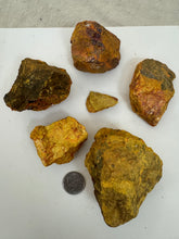 raw and unfinished realgar orpiment, 2.24 pound 6 piece lot, for lapidary or mineral sample display use, no holes
