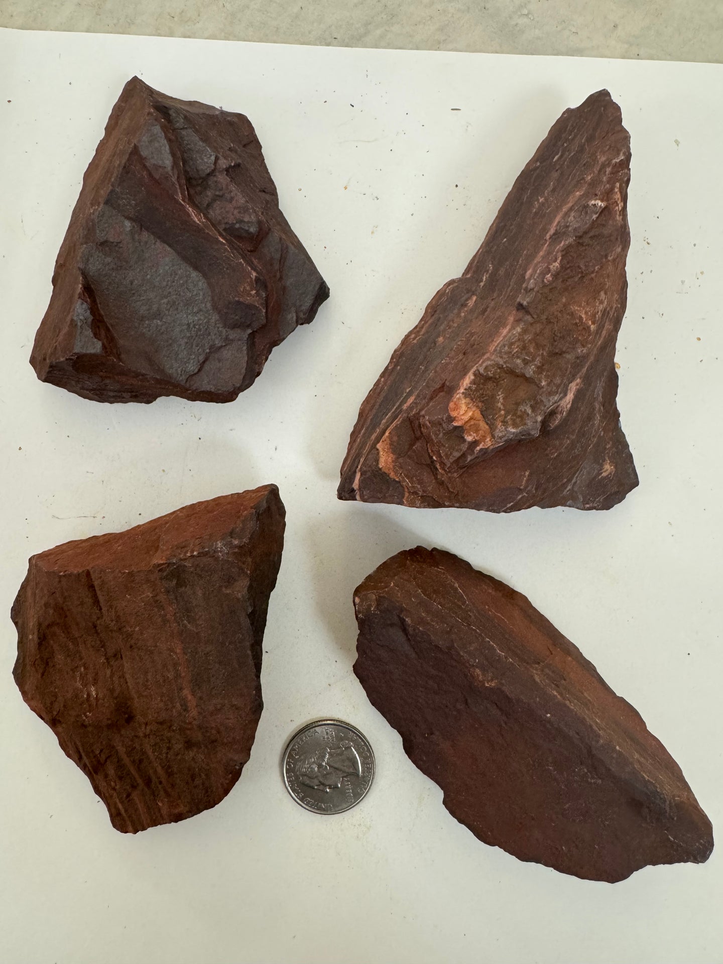 raw and unfinished red jasper, 2.09 pound 4 piece lot, for lapidary or mineral sample display use, no holes