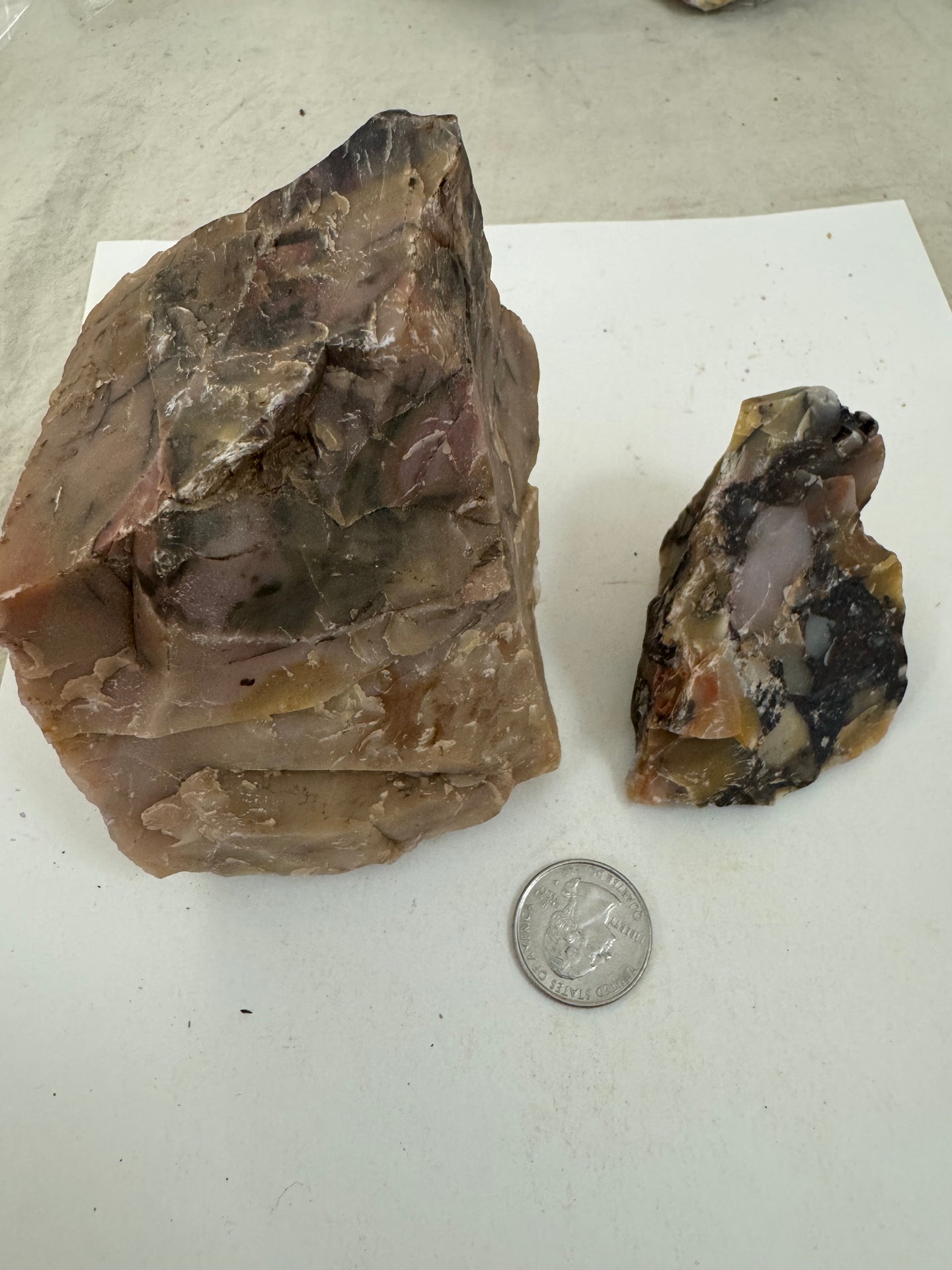 raw and unfinished rhodonite, 2.32 pound 2 piece lot, for lapidary or mineral sample display use, no holes