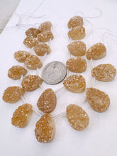 pale dark champagne orange coated druzy quartz, 18x13x7mm top drilled teardrop pendant, 11 piece strand, sold per strand