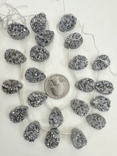 pale dark metallic silver coated druzy quartz, 18x13x7mm top drilled teardrop pendant, 11 piece strand, sold per strand