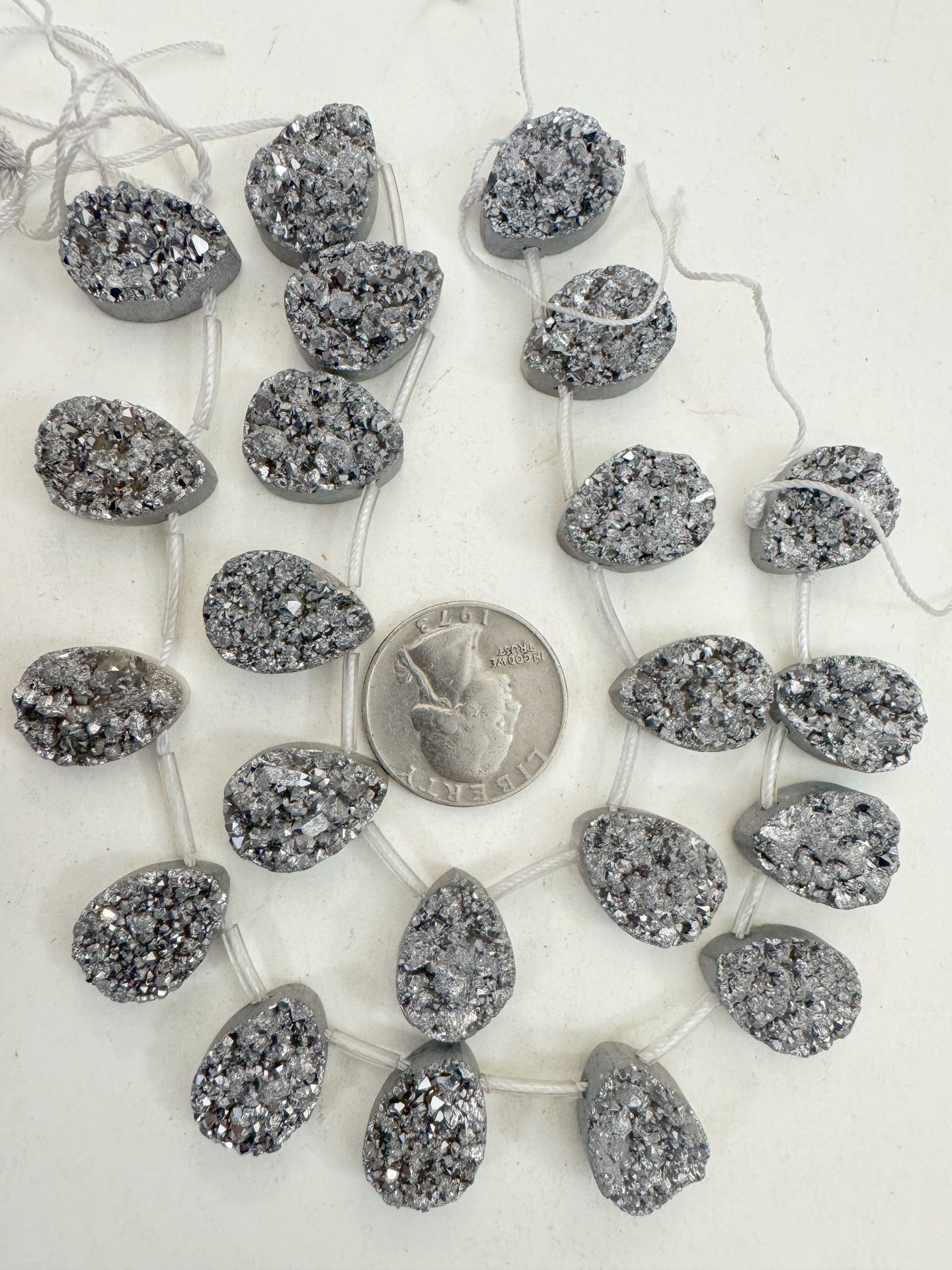 pale dark metallic silver coated druzy quartz, 18x13x7mm top drilled teardrop pendant, 11 piece strand, sold per strand