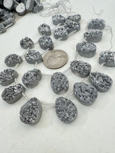 pale dark metallic silver coated druzy quartz, 18x13x7mm top drilled teardrop pendant, 11 piece strand, sold per strand