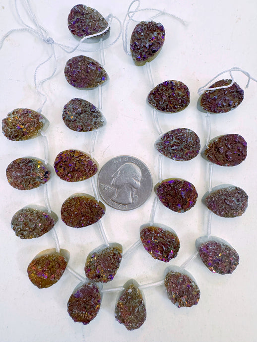 dark purple yellow coated druzy quartz, 18x13x7mm top drilled teardrop pendant, 11 piece strand, sold per strand