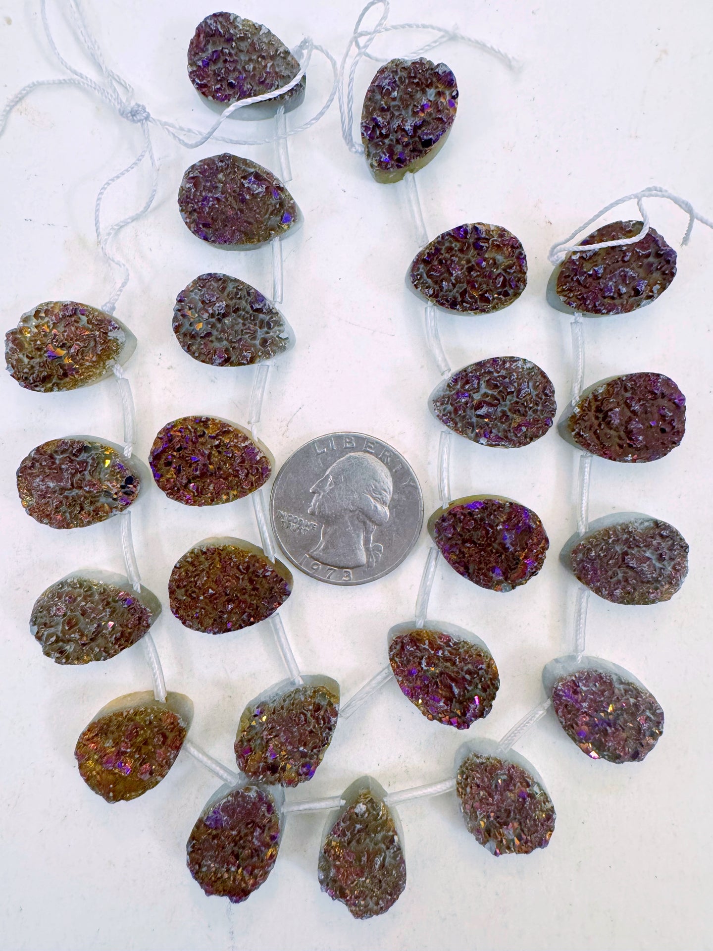 dark purple yellow coated druzy quartz, 18x13x7mm top drilled teardrop pendant, 11 piece strand, sold per strand