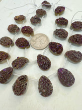 dark purple yellow coated druzy quartz, 18x13x7mm top drilled teardrop pendant, 11 piece strand, sold per strand