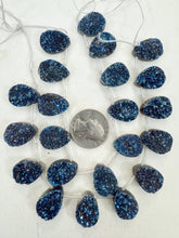 dark electric blue coated druzy quartz, 18x13x7mm top drilled teardrop pendant, 11 piece strand, sold per strand