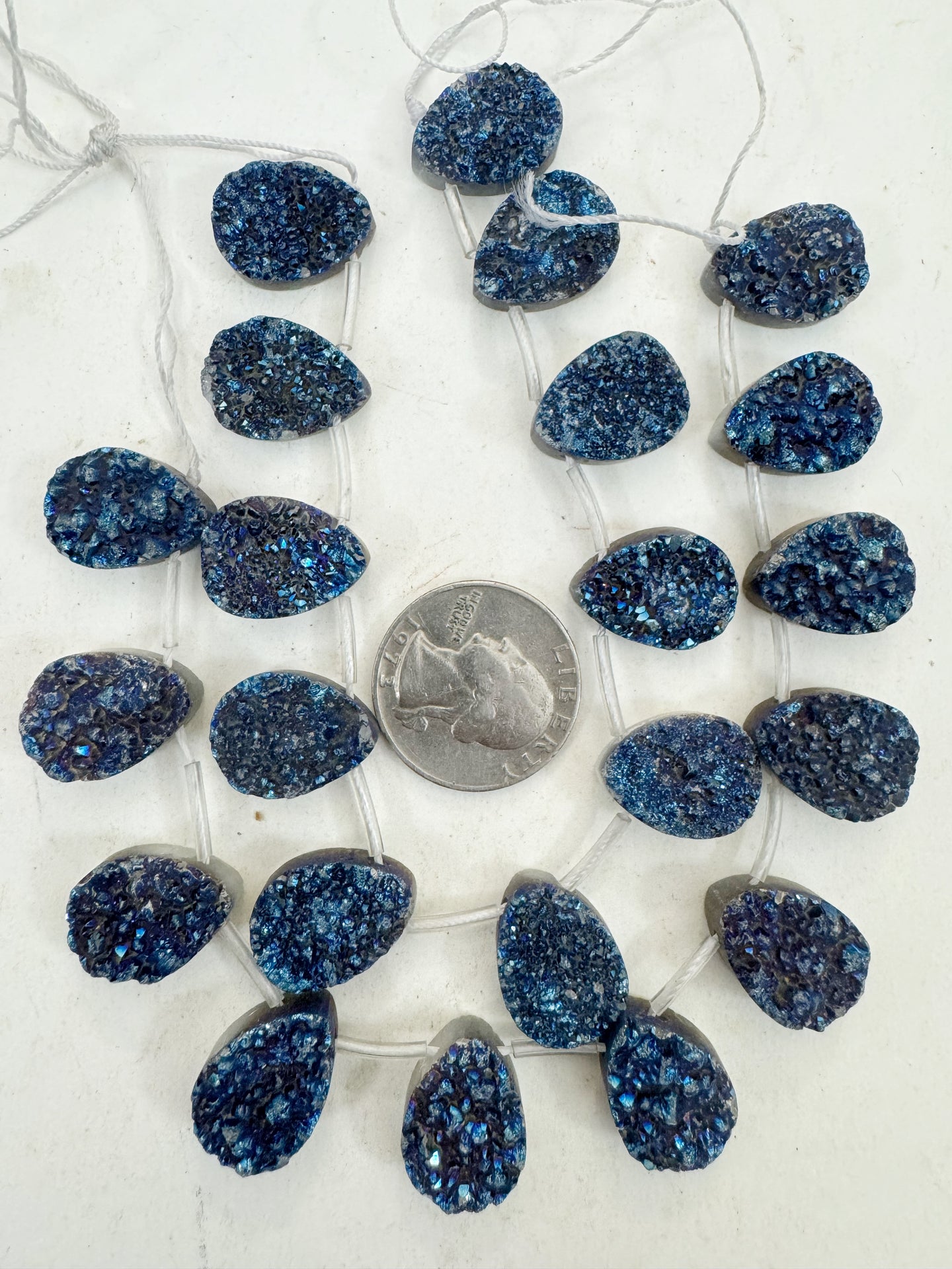 dark electric blue coated druzy quartz, 18x13x7mm top drilled teardrop pendant, 11 piece strand, sold per strand