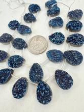 dark electric blue coated druzy quartz, 18x13x7mm top drilled teardrop pendant, 11 piece strand, sold per strand