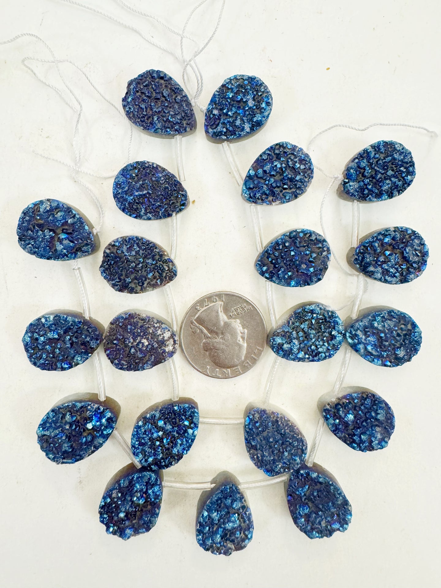 dark electric blue coated druzy quartz, 20x15x7mm top drilled teardrop pendant, 10 piece strand, sold per strand