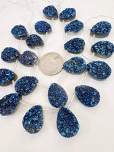 dark electric blue coated druzy quartz, 20x15x7mm top drilled teardrop pendant, 10 piece strand, sold per strand