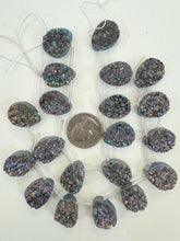 dark gray pink purple yellow coated druzy quartz, 20x15x7mm top drilled teardrop pendant, 10 piece strand, sold per strand