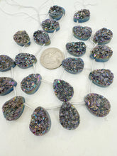 dark gray pink purple yellow coated druzy quartz, 20x15x7mm top drilled teardrop pendant, 10 piece strand, sold per strand
