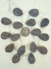 dark gray pink purple yellow coated druzy quartz, 26x18x8mm top drilled teardrop pendant, 8 piece strand, sold per strand