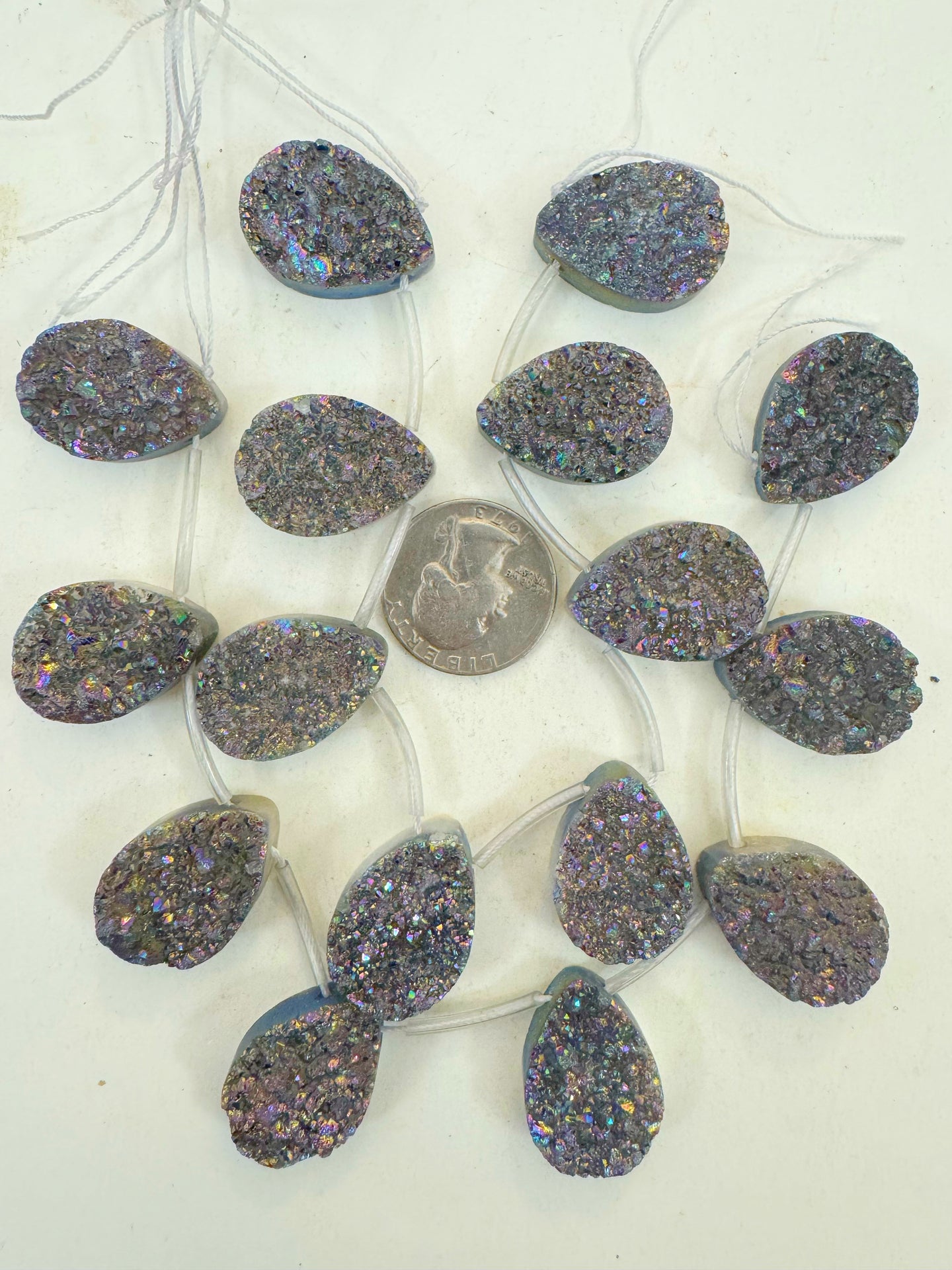 dark gray pink purple yellow coated druzy quartz, 26x18x8mm top drilled teardrop pendant, 8 piece strand, sold per strand