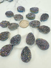 dark gray pink purple yellow coated druzy quartz, 26x18x8mm top drilled teardrop pendant, 8 piece strand, sold per strand