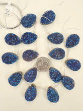 dark electric blue coated druzy quartz, 26x18x8mm top drilled teardrop pendant, 8 piece strand, sold per strand