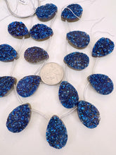 dark electric blue coated druzy quartz, 26x18x8mm top drilled teardrop pendant, 8 piece strand, sold per strand