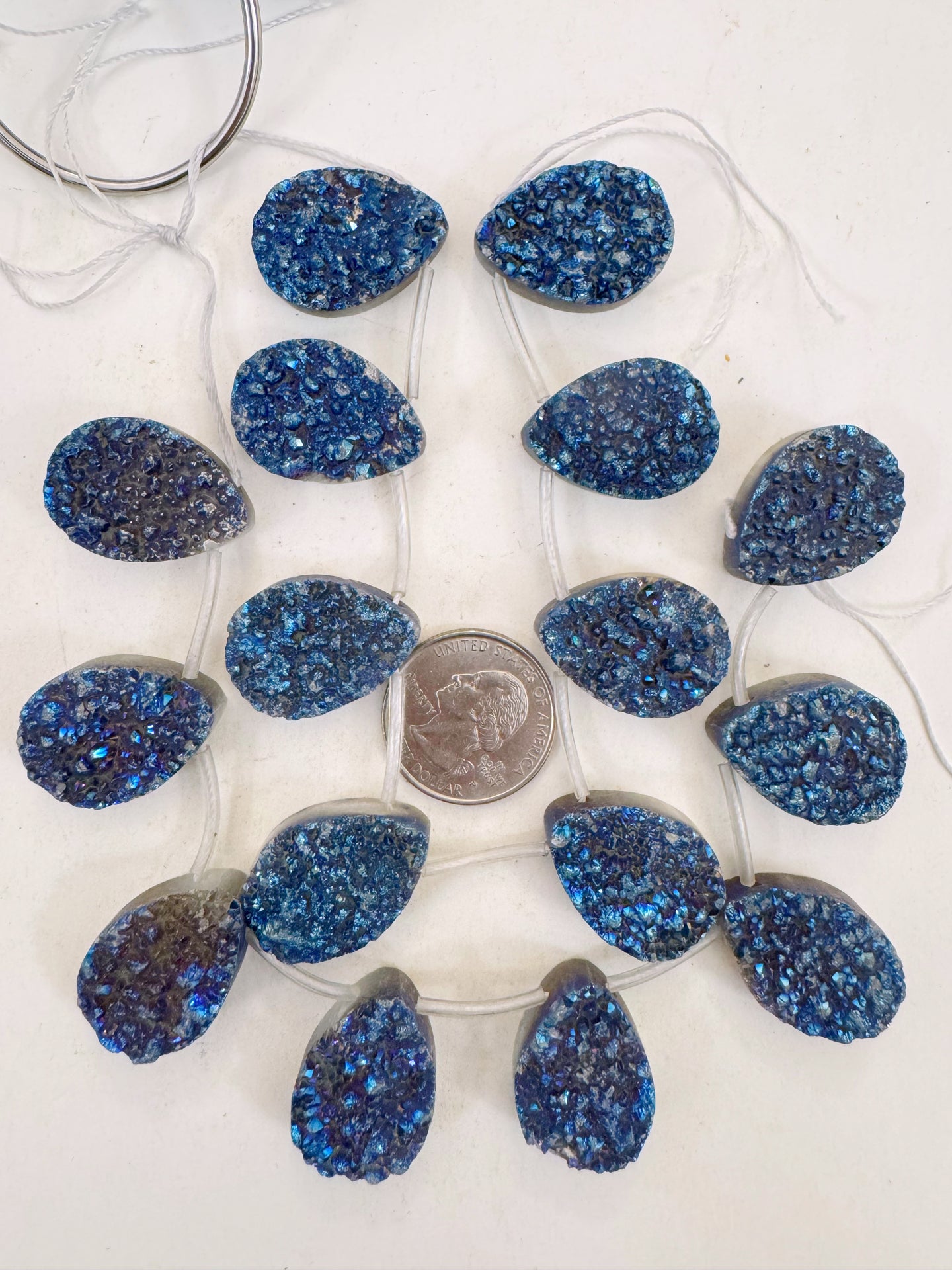medium electric blue coated druzy quartz, 26x18x8mm top drilled teardrop pendant, 8 piece strand, sold per strand
