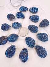 medium electric blue coated druzy quartz, 26x18x8mm top drilled teardrop pendant, 8 piece strand, sold per strand