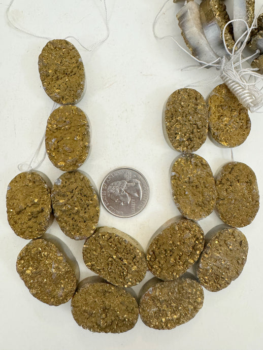antique gold coated druzy quartz, 26x18x8mm top drilled oval, 7 piece strand, sold per strand