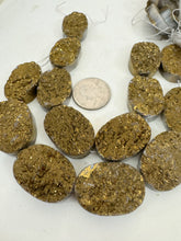 antique gold coated druzy quartz, 26x18x8mm top drilled oval, 7 piece strand, sold per strand
