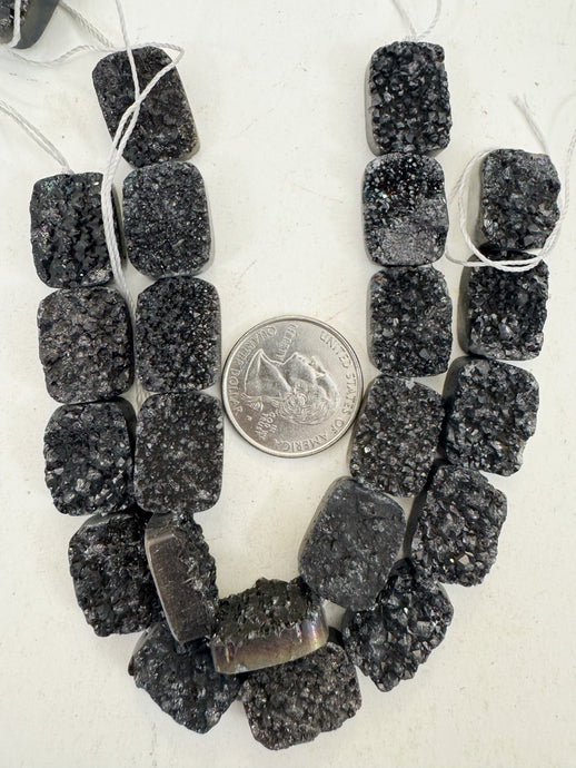 black coated druzy quartz, 19x13x7mm rectangle, 11 piece strand, sold per strand