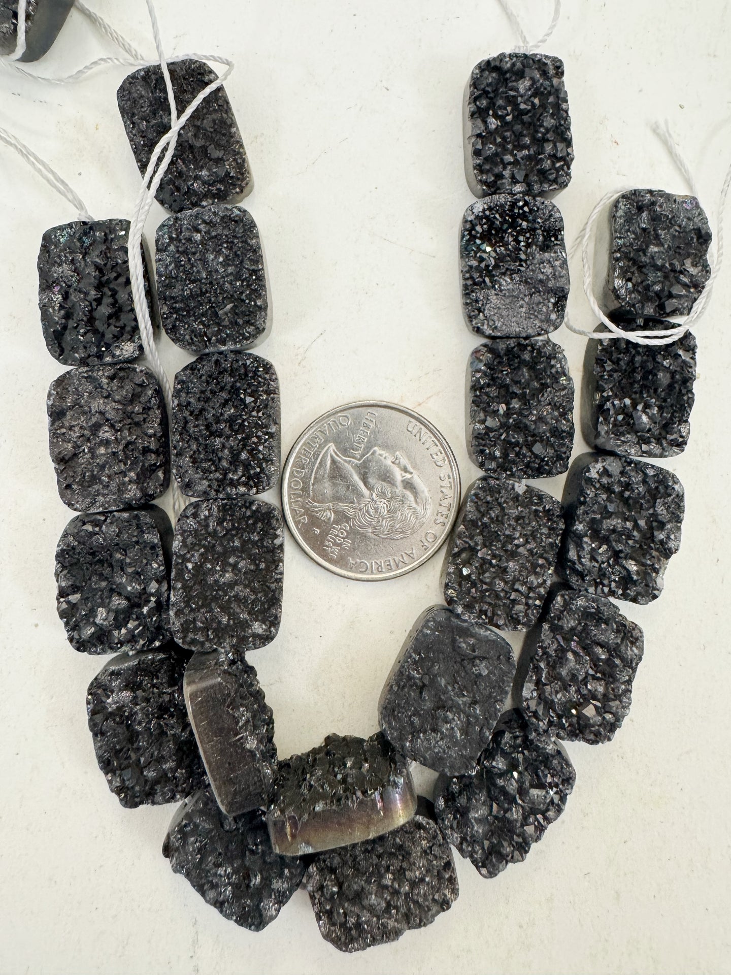 black coated druzy quartz, 19x13x7mm rectangle, 11 piece strand, sold per strand