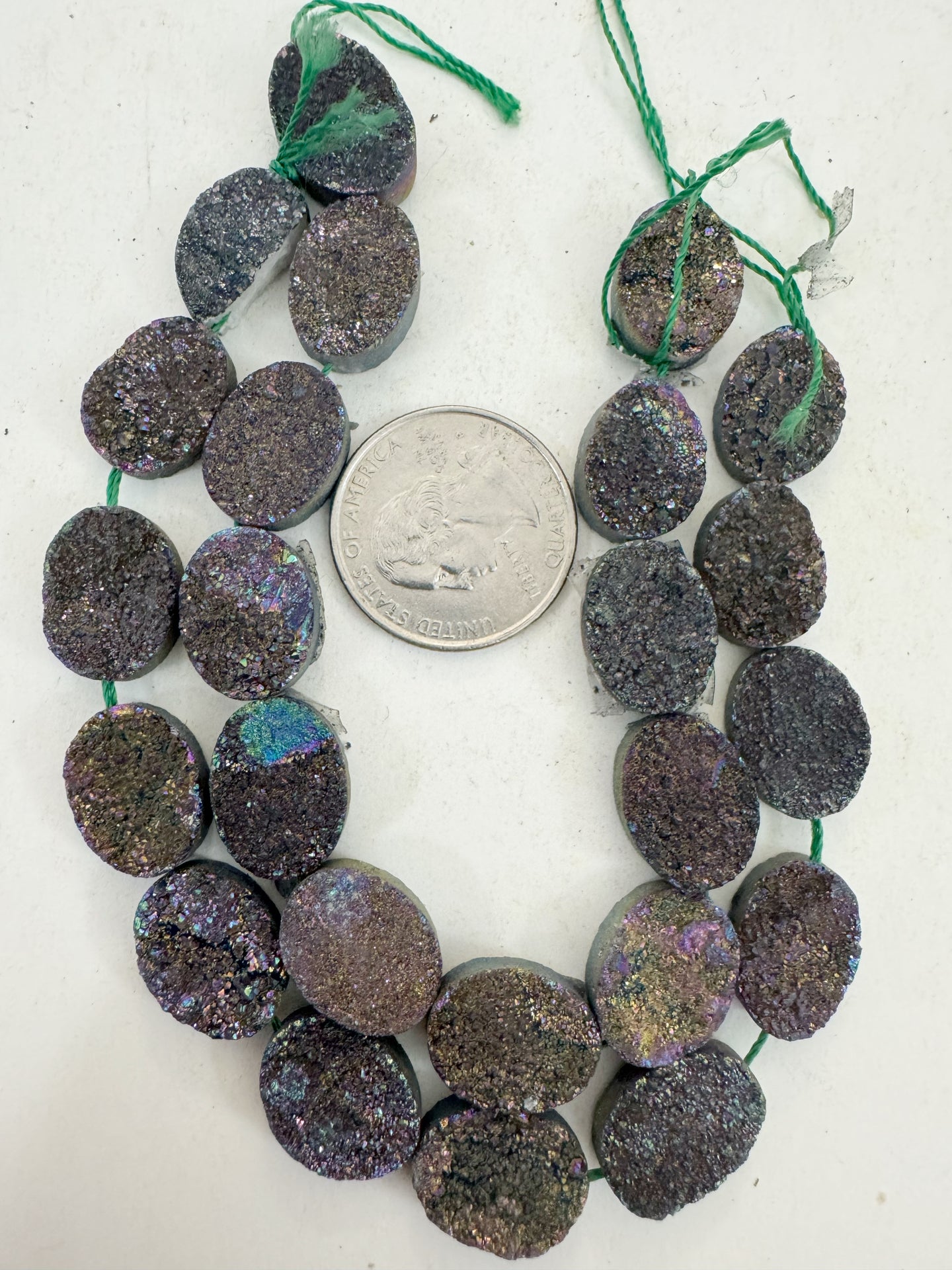 dark gray yellow purple pink coated druzy quartz, 16x12x6mm oval, 11 piece strand, sold per strand