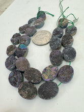dark gray yellow purple pink coated druzy quartz, 16x12x6mm oval, 11 piece strand, sold per strand