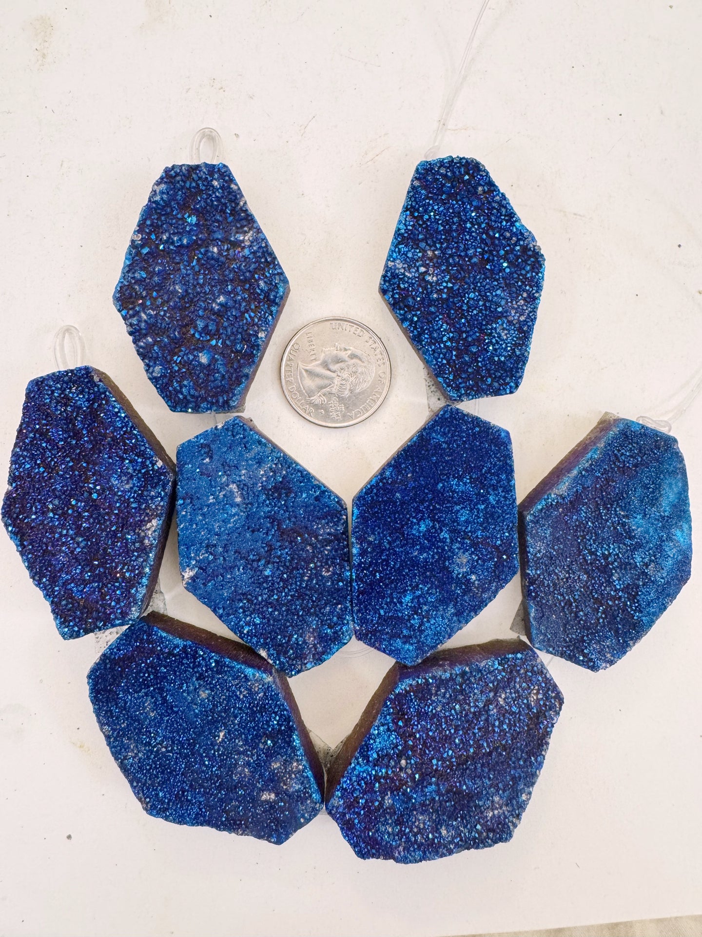 dark electric blue coated druzy quartz, 50x36x10mm hexagon, 4 piece strand, sold per strand, may have edge of surface wear
