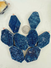 medium electric blue coated druzy quartz, 50x36x10mm hexagon, 4 piece strand, sold per strand, may have edge or surface wear