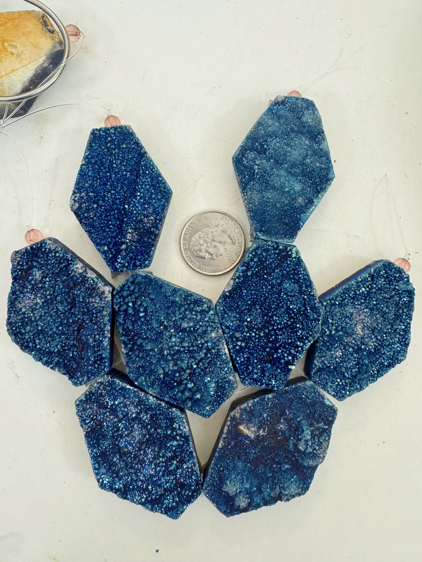 medium electric blue coated druzy quartz, 50x36x10mm hexagon, 4 piece strand, sold per strand, may have edge or surface wear