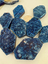 medium electric blue coated druzy quartz, 50x36x10mm hexagon, 4 piece strand, sold per strand, may have edge or surface wear