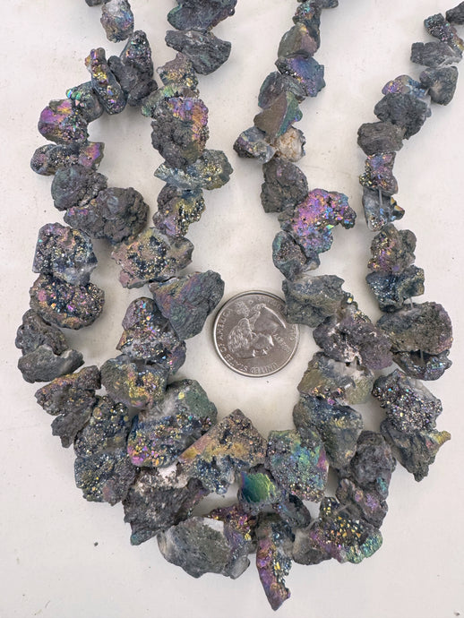 dark gray pink purple green yellow coated druzy quartz, 7-25mm rough nugget, 15