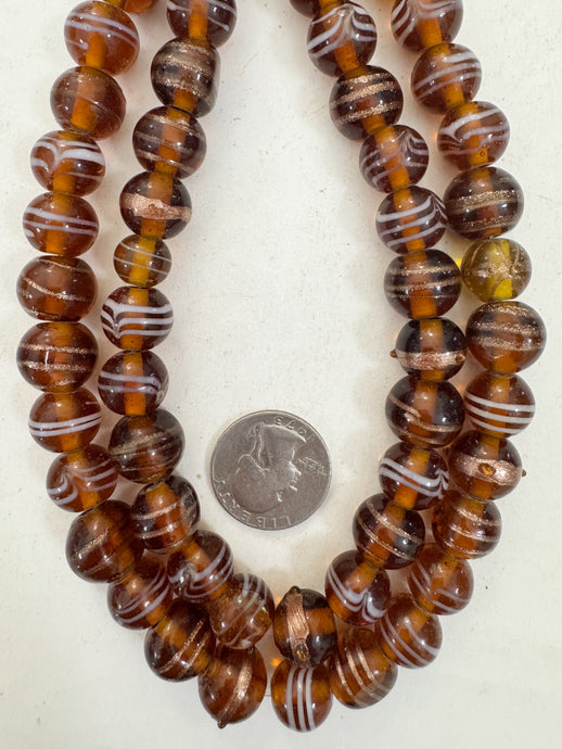 dark amber brown white metallic copper feathered swirl motif, vintage look glass, 13mm round semi-round mix, 15