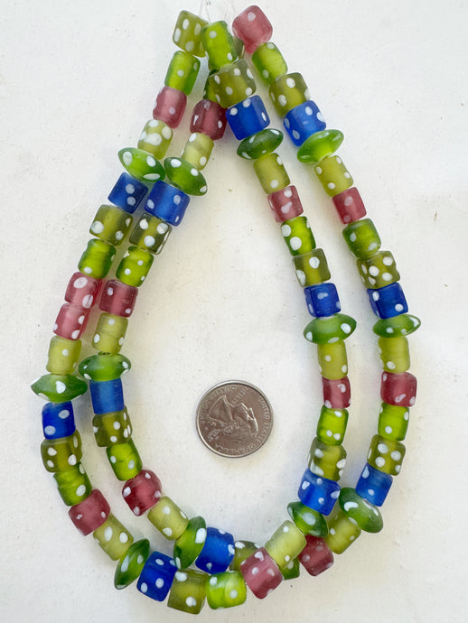 mixed color matte polka dot motif, vintage look glass, 8-13mm shape mix, 15