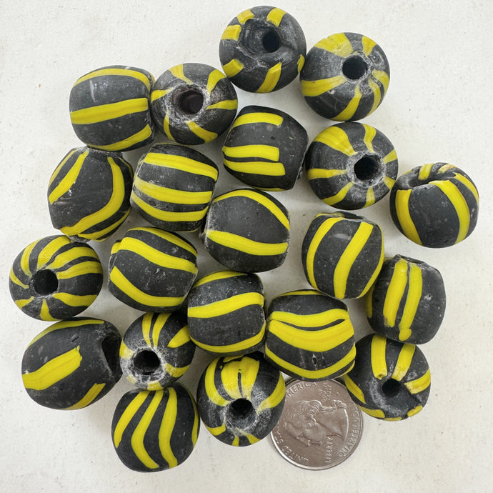 matte yellow black stripe motif, vintage look glass, 16-20mm irregular round mix, sold per bead