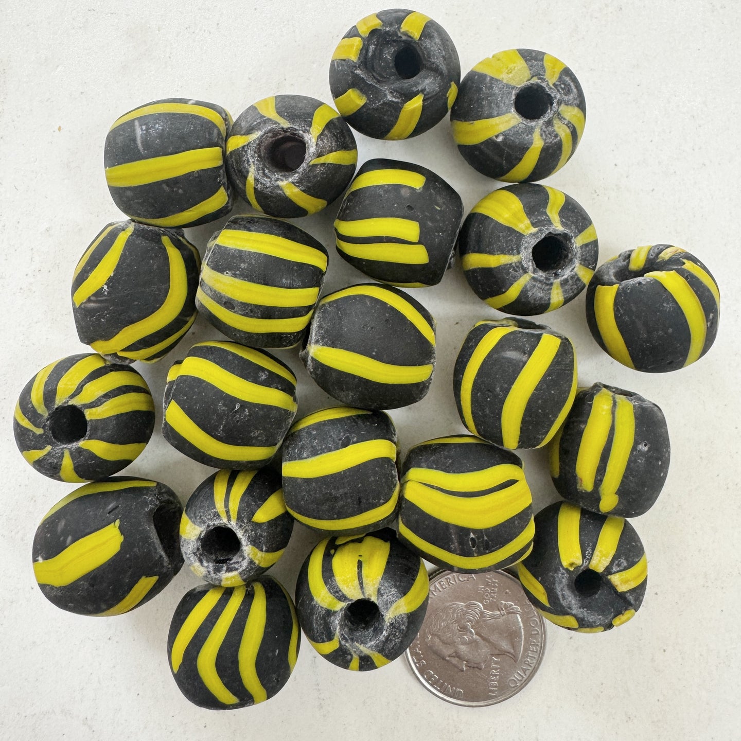 matte yellow black stripe motif, vintage look glass, 16-20mm irregular round mix, sold per bead