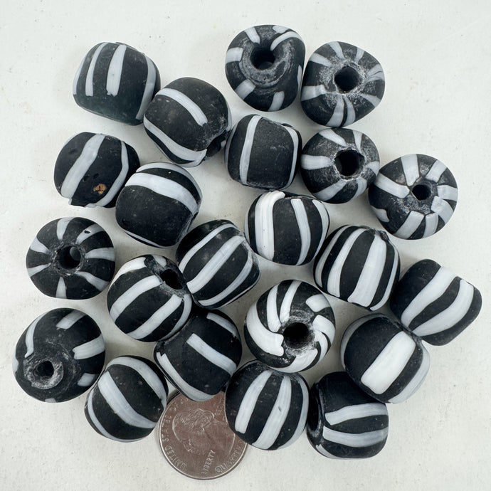 matte white black stripe motif, vintage look glass, 16-20mm irregular round mix, sold per bead