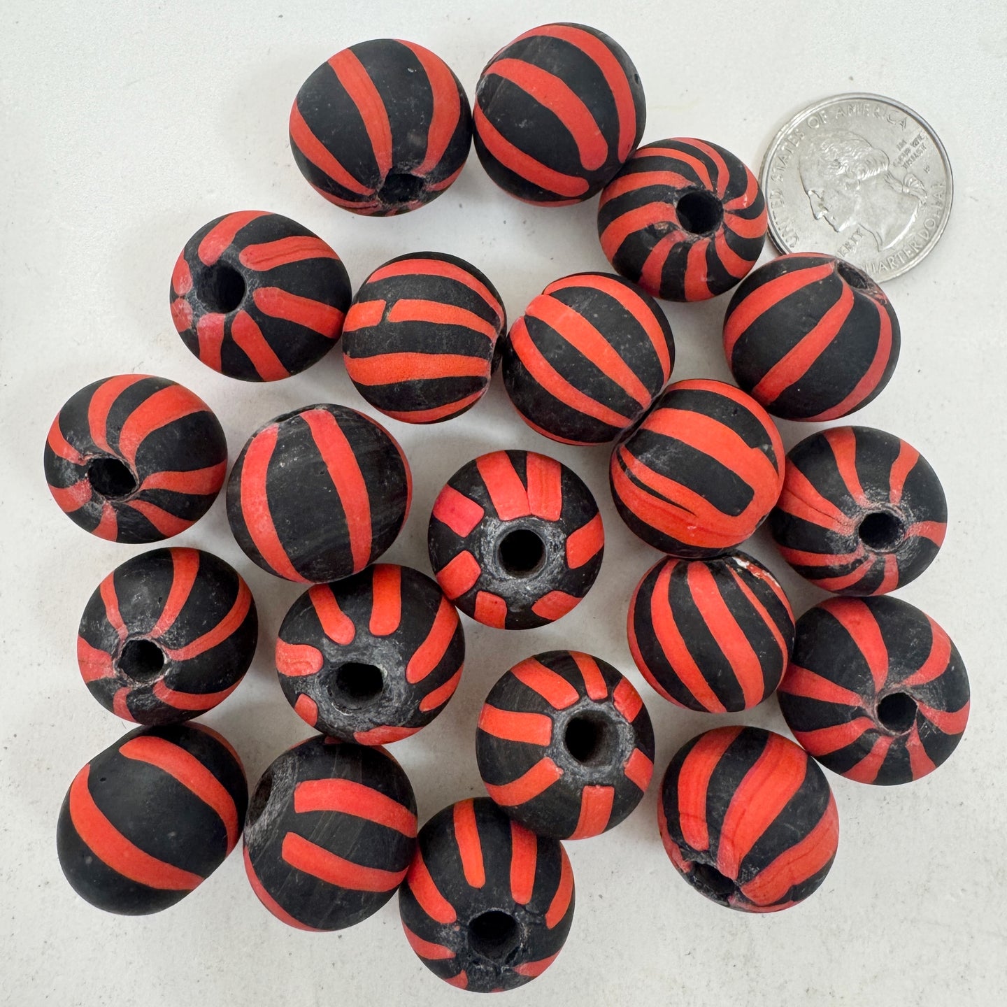 matte pale red black stripe motif, vintage look glass, 20mm round mix, sold per bead