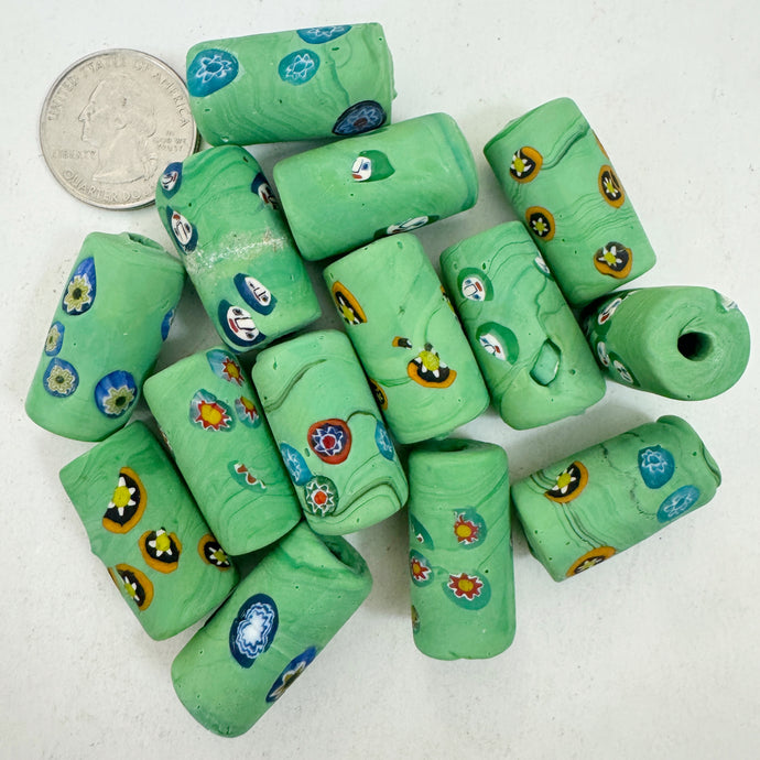matte mint green millefiori motif, vintage look glass, 28x15mm tube mix, sold per bead