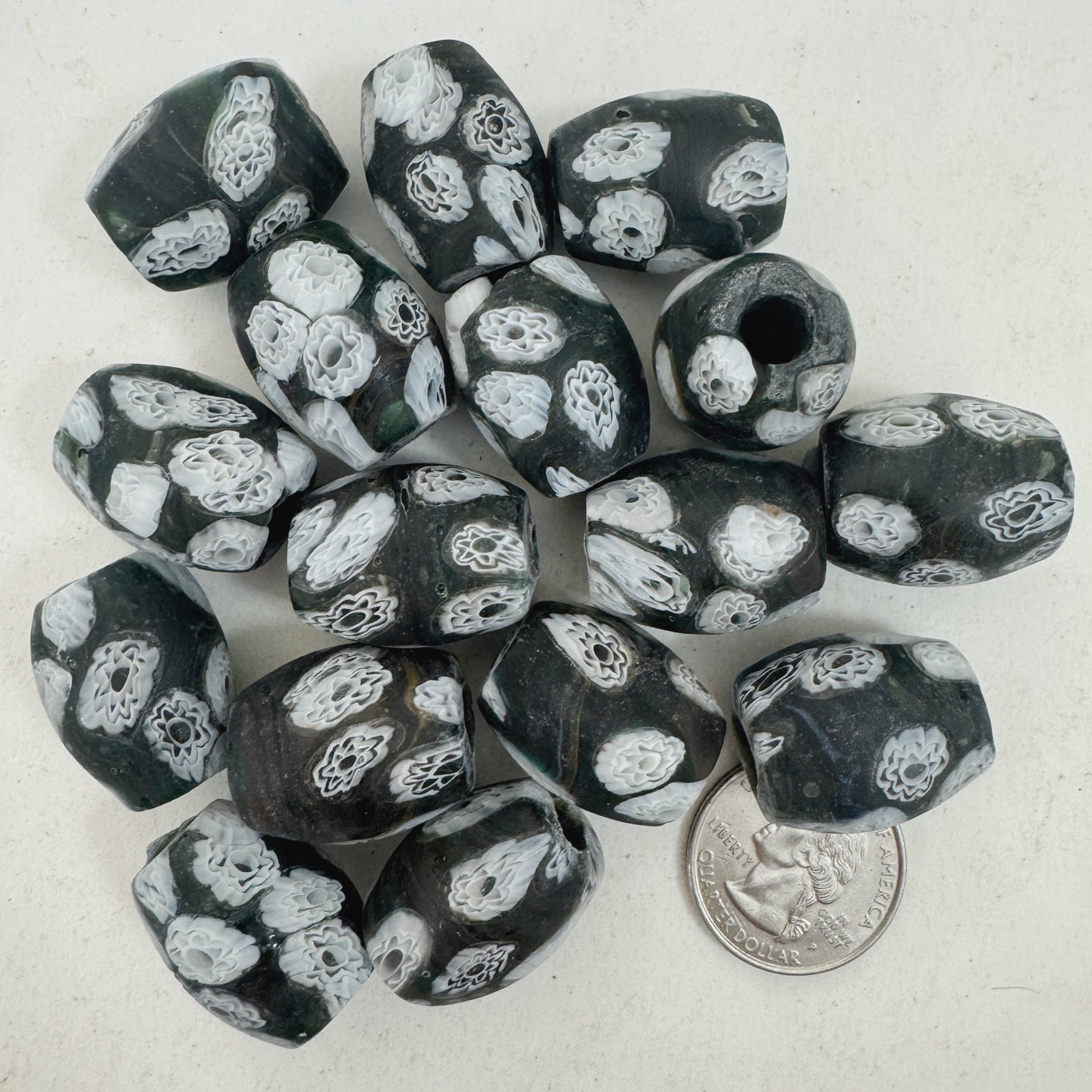 matte black white millefiori motif, vintage look glass, 24x18mm bowed tube barrel mix, sold per bead