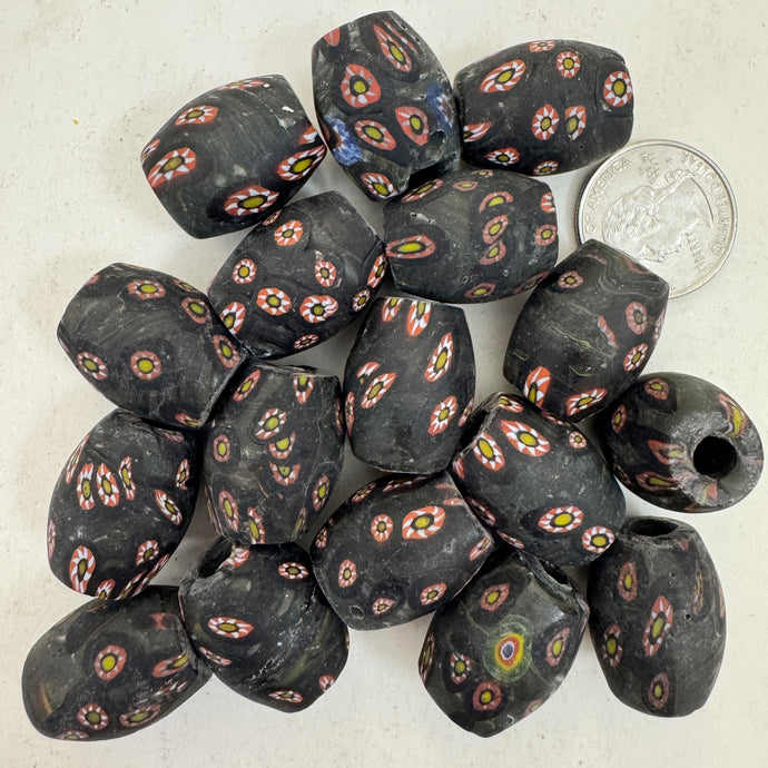 matte pale dark olive green red white yellow black millefiori motif, vintage look glass, 24x18mm bowed tube barrel mix, sold per bead