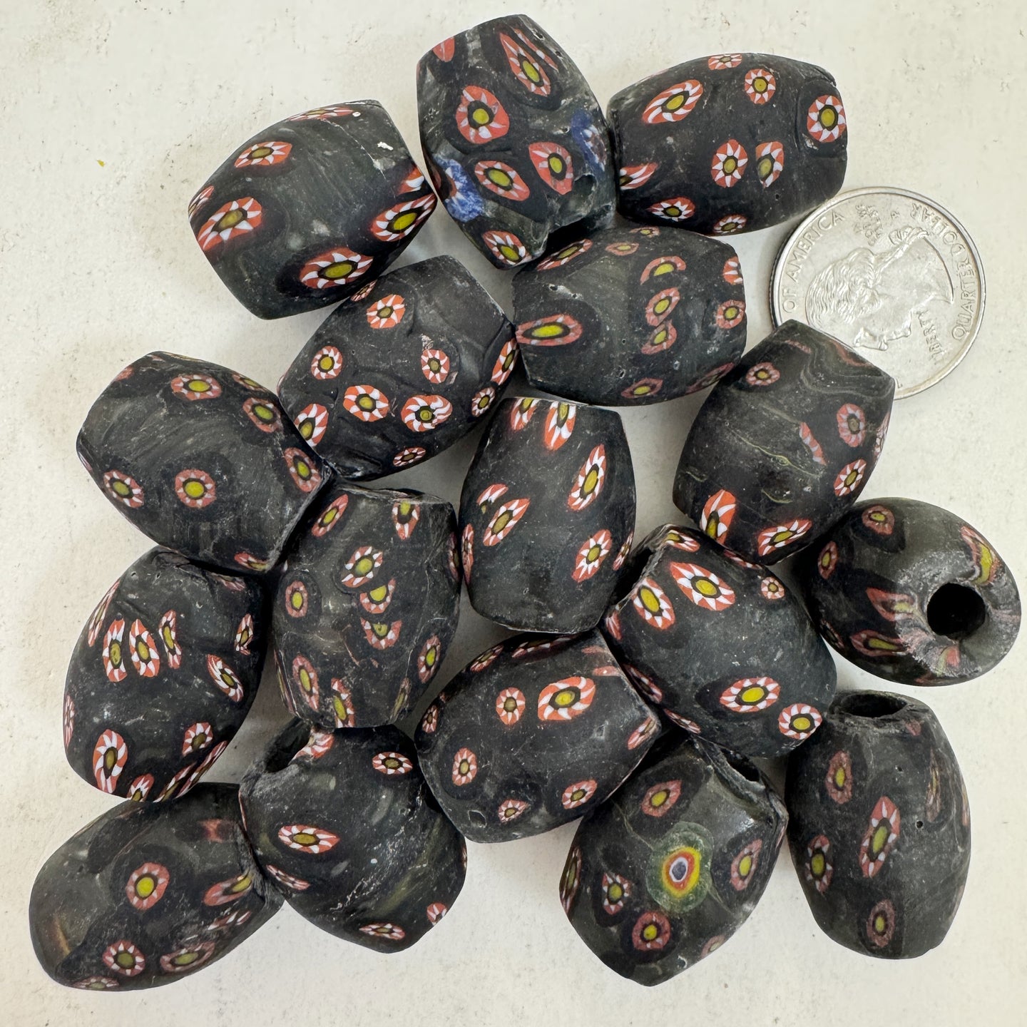 matte pale dark olive green red white yellow black millefiori motif, vintage look glass, 24x18mm bowed tube barrel mix, sold per bead