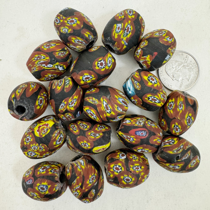 matte brown yellow red white blue black millefiori motif, vintage look glass, 24x18mm bowed tube barrel mix, sold per bead
