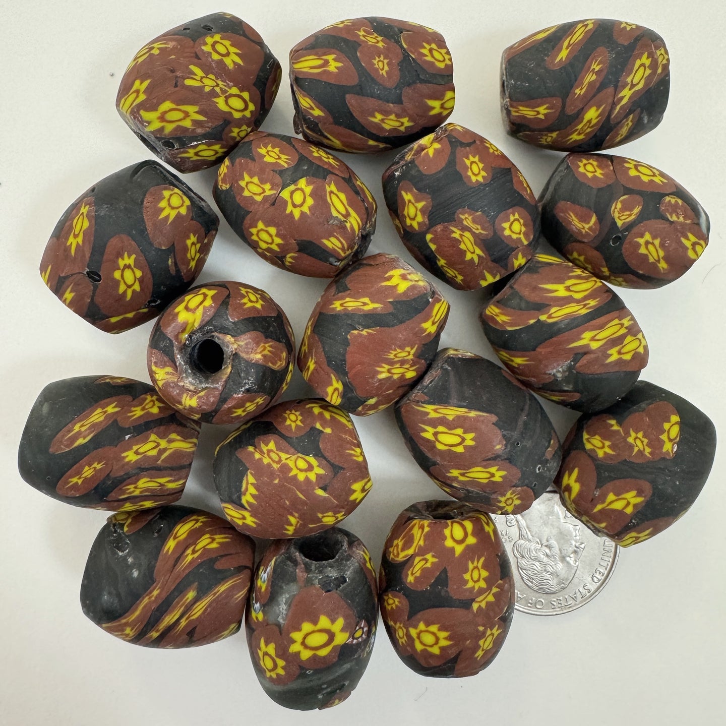 matte brown yellow black millefiori motif, vintage look glass, 24x18mm bowed tube barrel mix, sold per bead